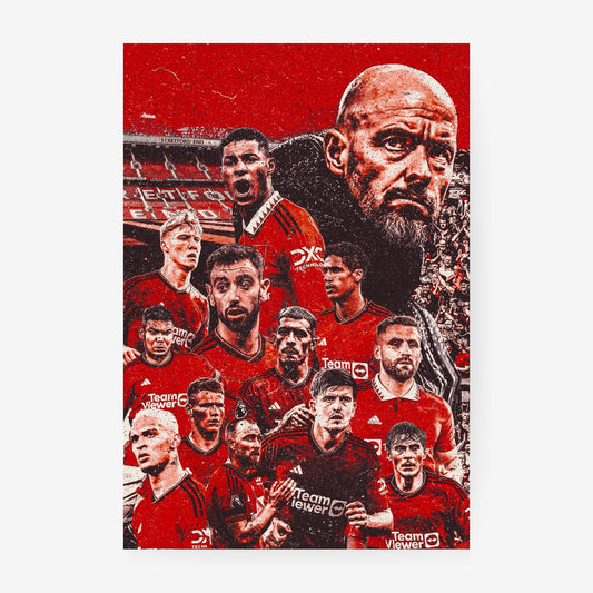 Manchester United squad poster featuring players and manager in a bold red football collage
