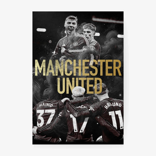 Manchester United wall art featuring team celebration with bold typography