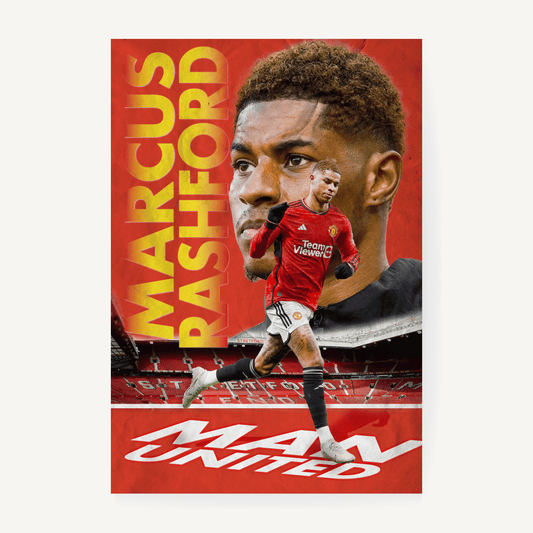 Soccer player in Manchester United jersey with 'Marcus Rashford' text on a red background