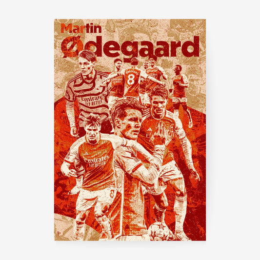 Martin Odegaard Arsenal poster featuring a red and cream vintage football collage
