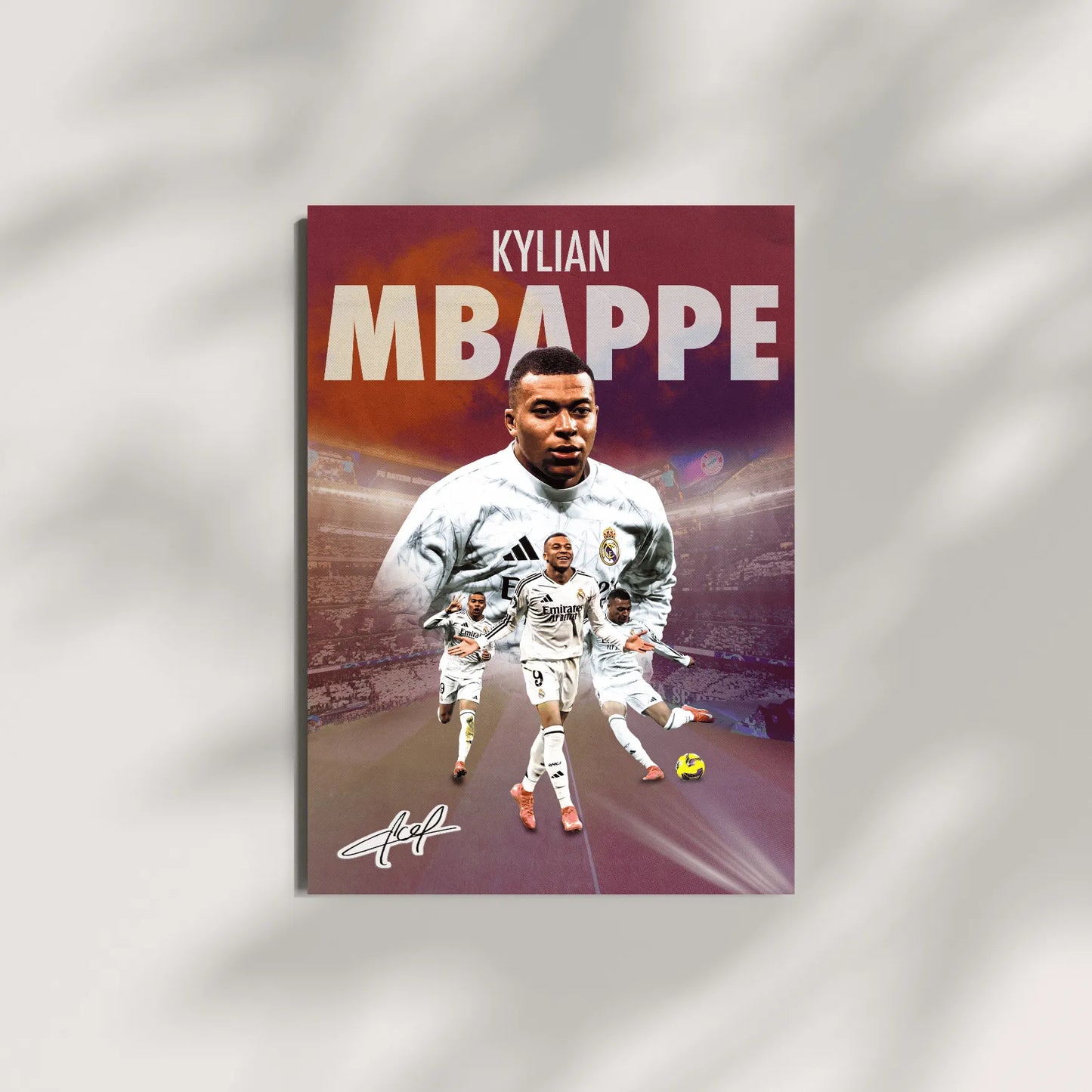 Artistic rendering of Kylian Mbappé in various poses on a football pitch, with dramatic lighting effects.