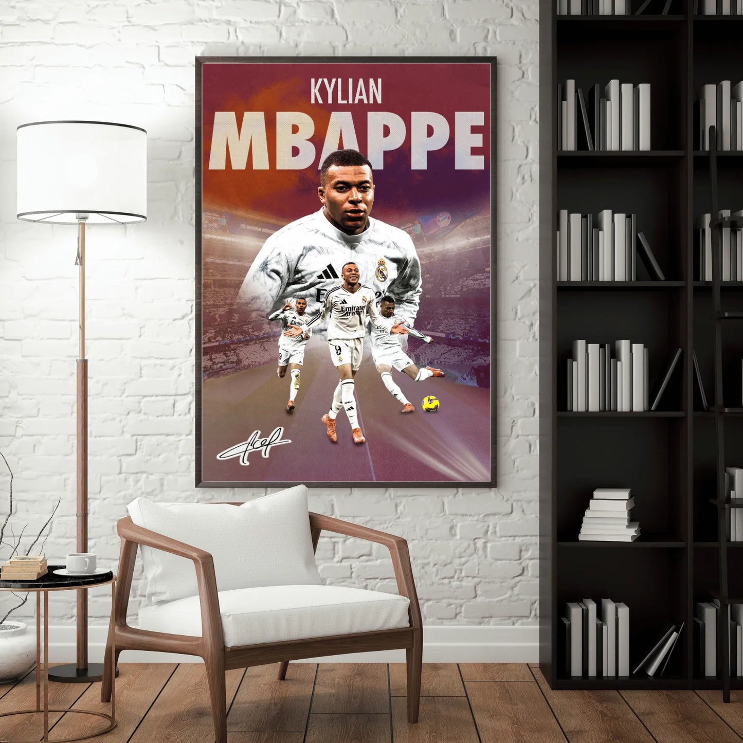 Interior wall mockup displaying a framed Kylian Mbappé Real Madrid poster in a modern living room setting.