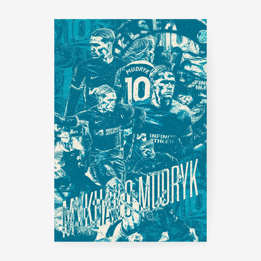 Mykhailo Mudryk Chelsea poster featuring a blue vintage football collage