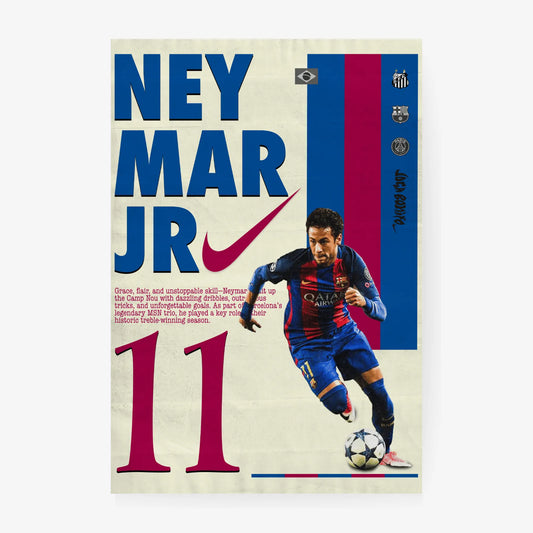 Minimalist art print of Neymar Jr playing for FC Barcelona, featuring his name and number 11.