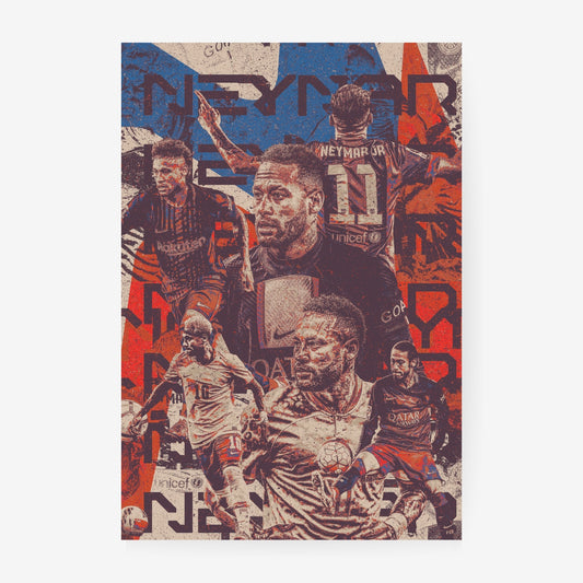 Neymar football poster featuring a vintage collage of iconic moments from his football career