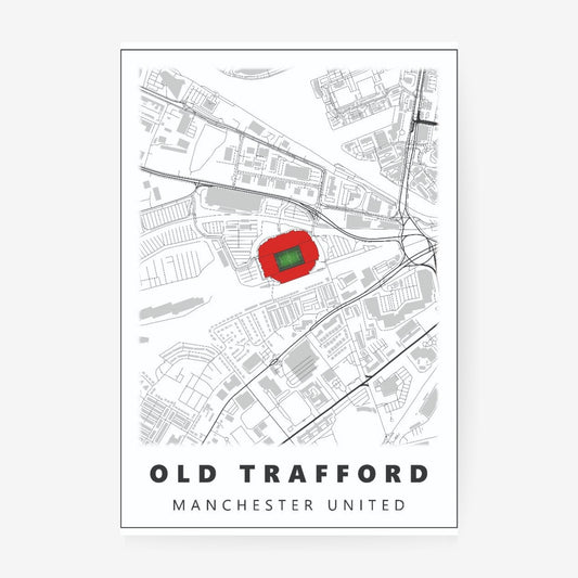 Old Trafford Manchester United stadium map poster featuring a minimalist Manchester street map with the iconic football stadium highlighted in red