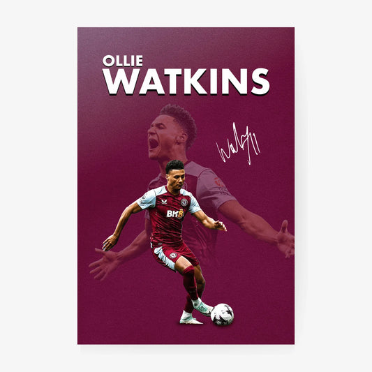 Minimalist Ollie Watkins wall art with bold name text and dynamic football action shot.