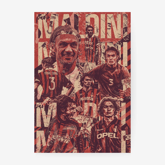Paolo Maldini AC Milan football poster featuring iconic career moments and legendary number 3 imagery in a vintage red collage design