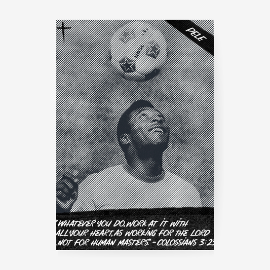 Pele football poster featuring a black and white retro design with a motivational Bible verse