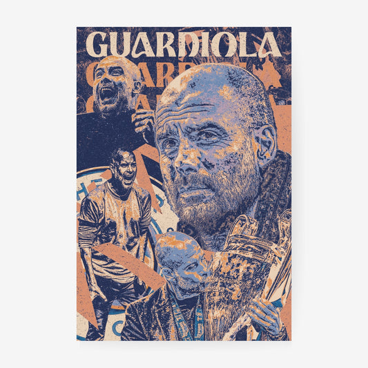 Pep Guardiola Manchester City football poster featuring the legendary manager and Premier League trophy celebrations