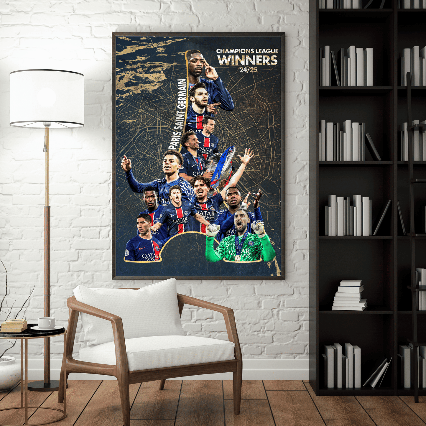 Framed PSG Champions League winners 2024/25 football poster – team celebration wall art in modern living room, football gift idea