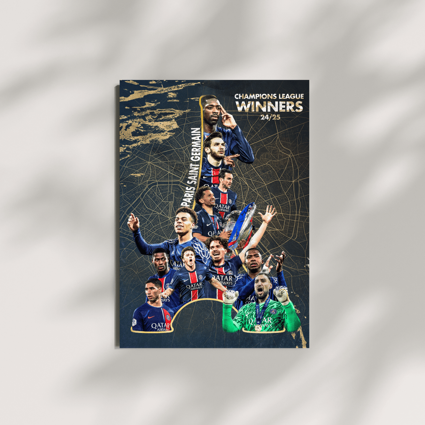 PSG Champions League winners 2024/25 football print – framed team celebration poster on neutral grey background, great football gift
