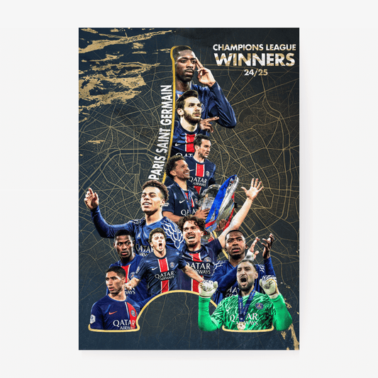 Paris Saint-Germain Champions League winners 2024/25 wall art – football poster featuring team celebration, ideal gift for fans