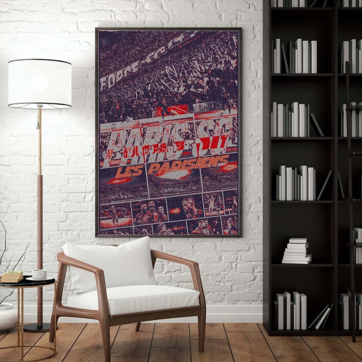 PSG Paris SG Les Parisiens football poster displayed in a modern interior with a black frame