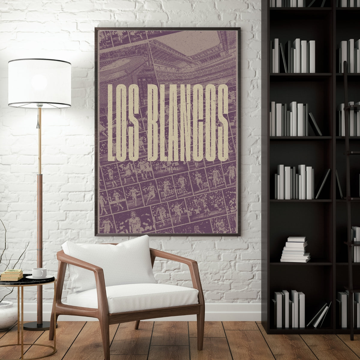 Real Madrid Los Blancos football poster displayed in a modern interior with a black frame
