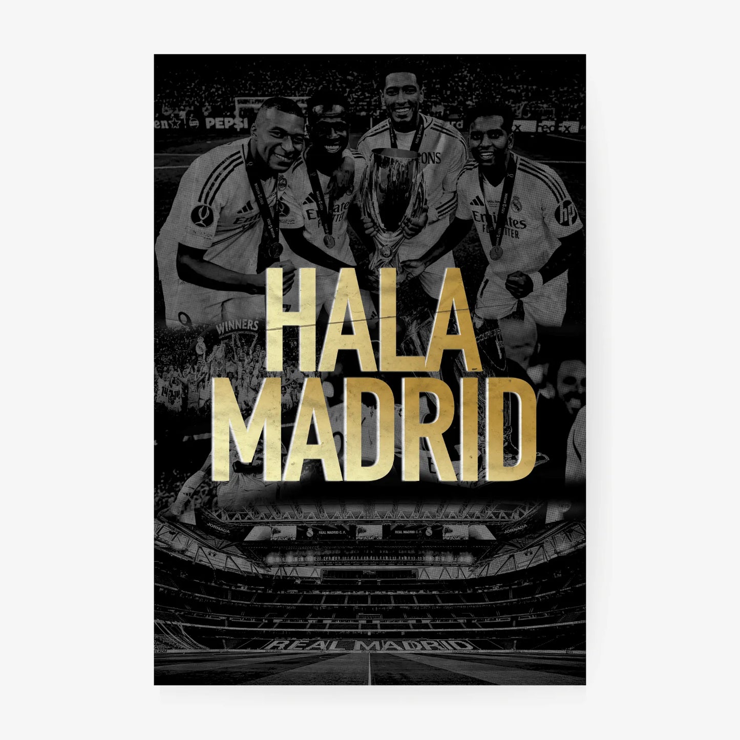 Black and white photo of three men in sports uniforms with 'Hala Madrid' text overlay.