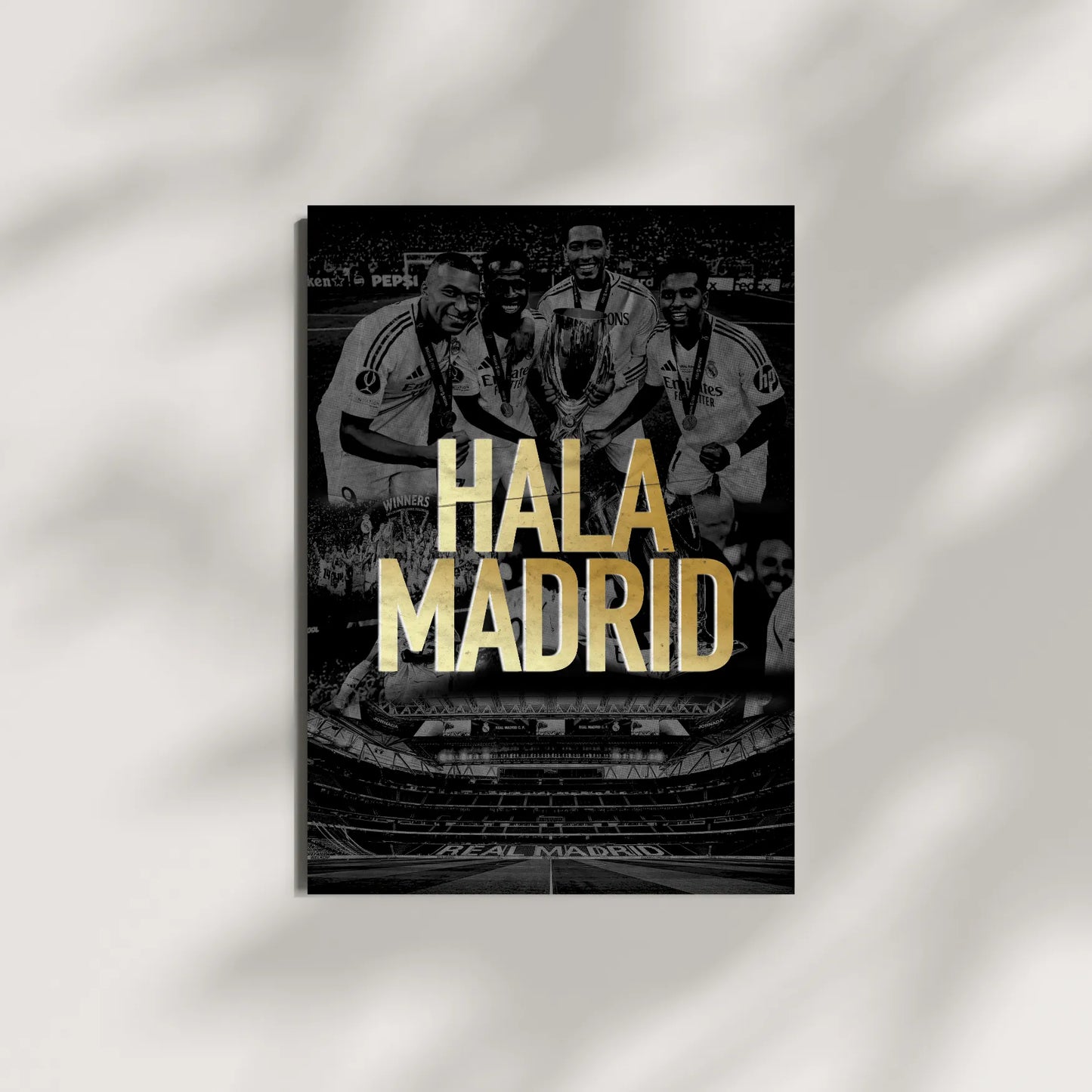 Poster with soccer players and 'Hala Madrid' text on a dark background