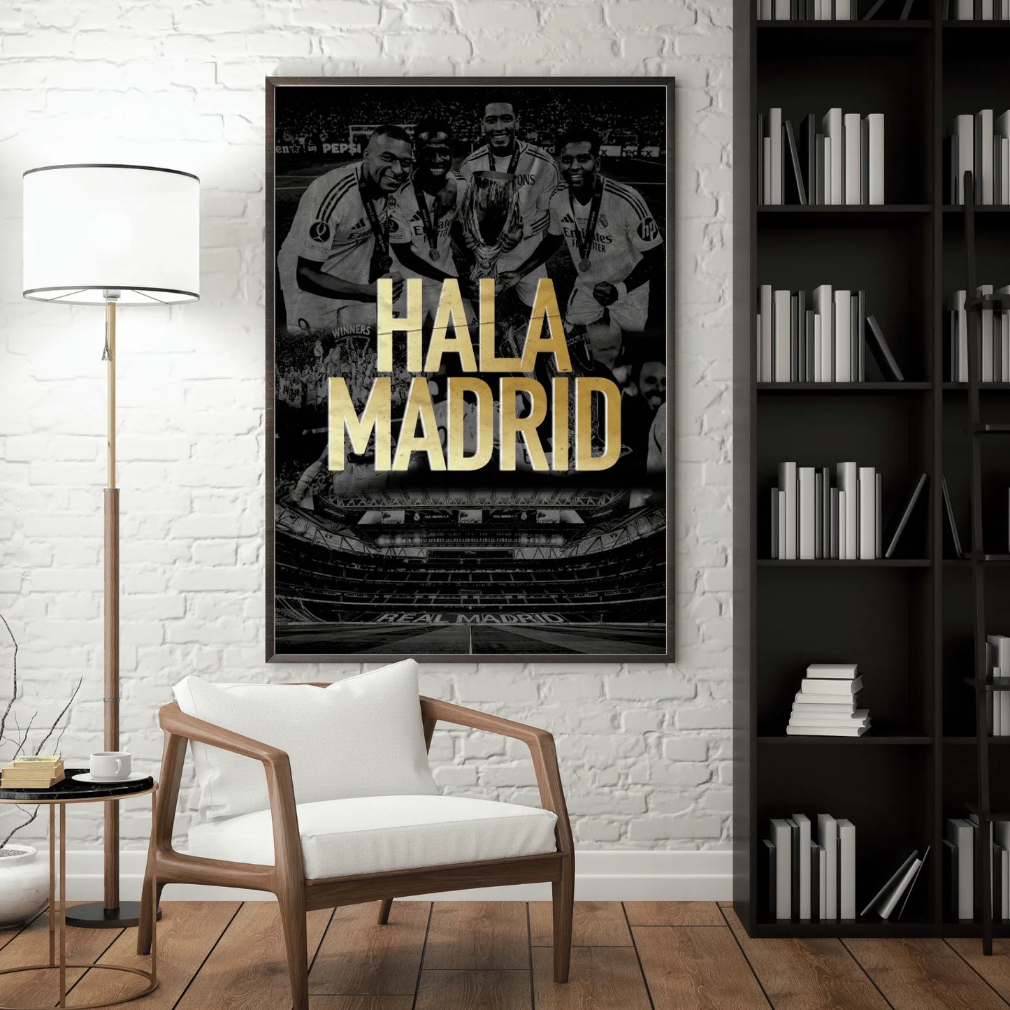Poster with 'Hala Madrid' text in a modern living room setting