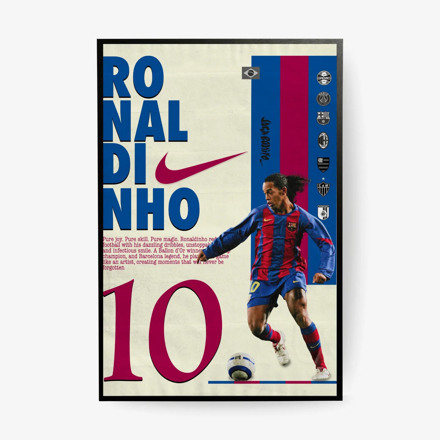 Vintage Ronaldinho football poster featuring the Brazilian legend in Barcelona kit with number 10