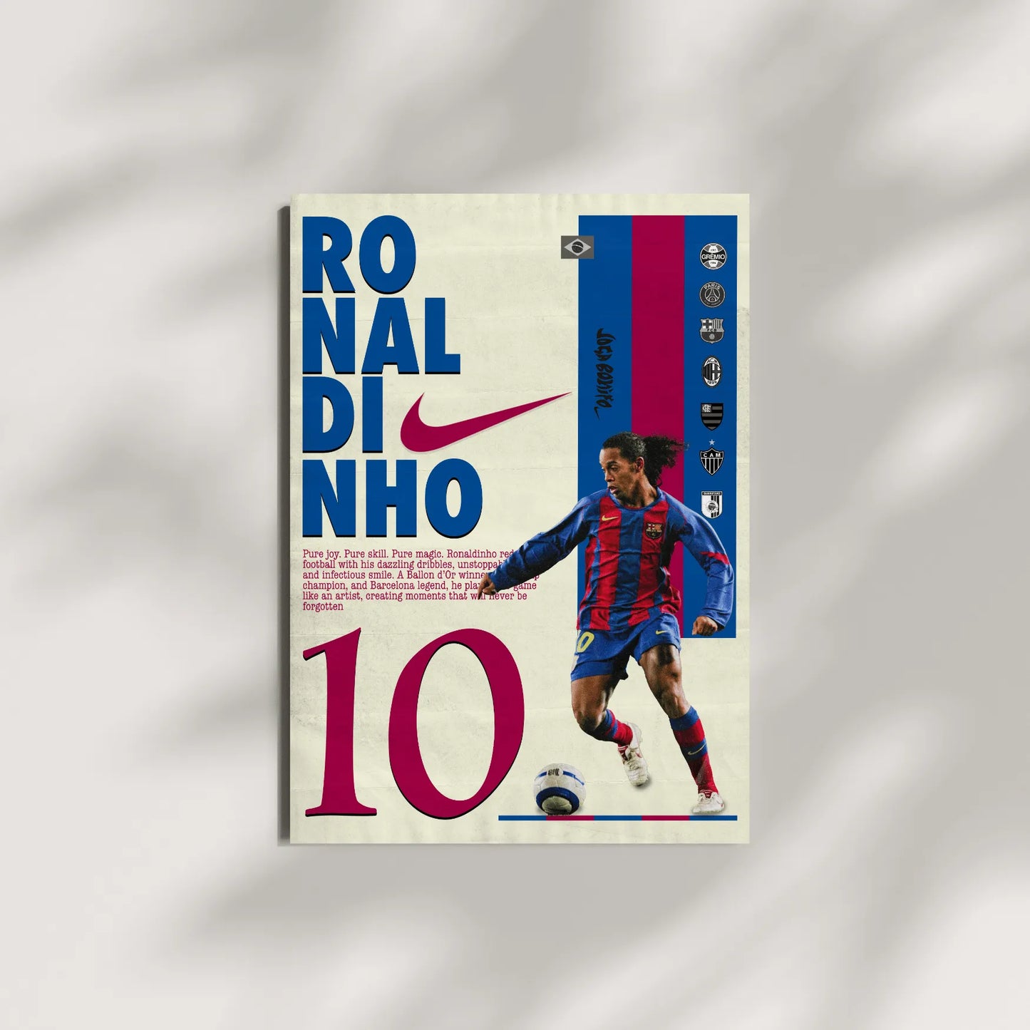 Ronaldinho retro-style football poster with bold typography and artistic background.