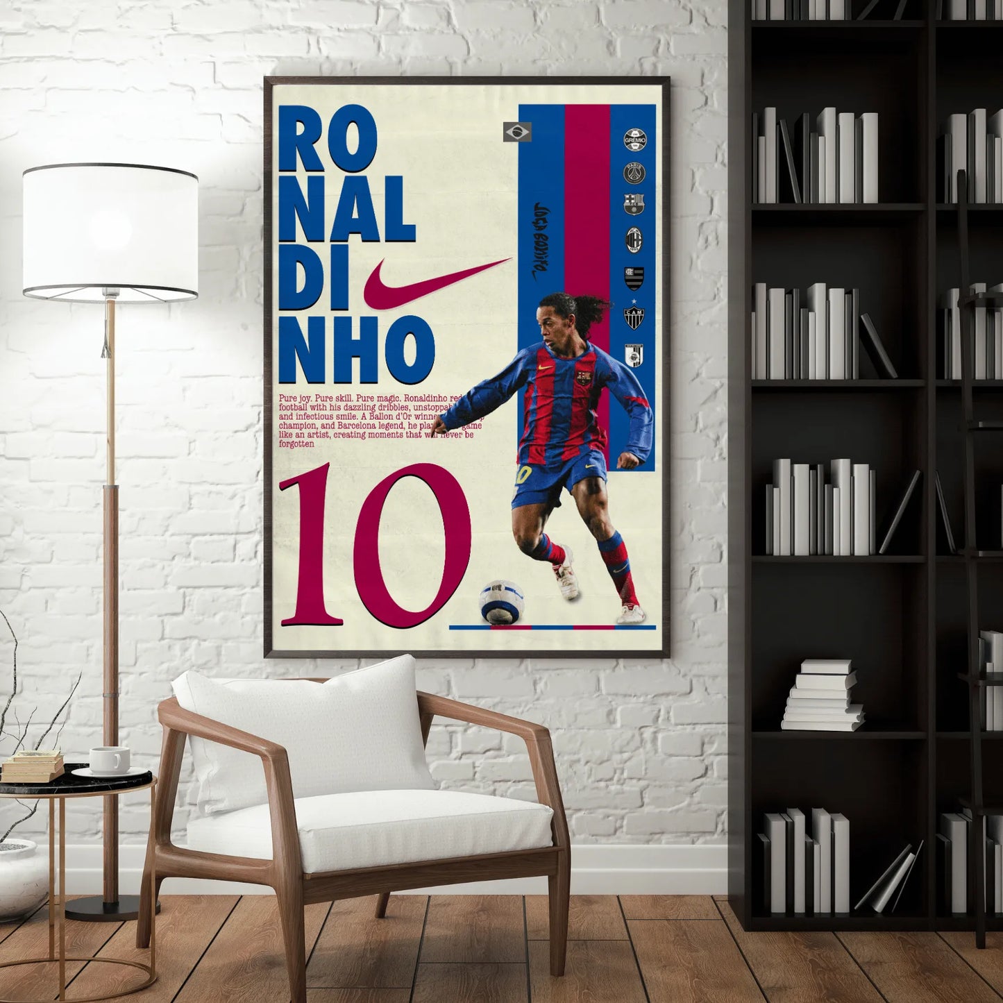 Framed Ronaldinho football art displayed in modern living room setting