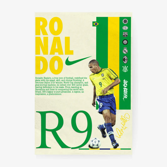 Minimalist Ronaldo Nazário football poster with bold yellow and green text and Brazilian flag elements.