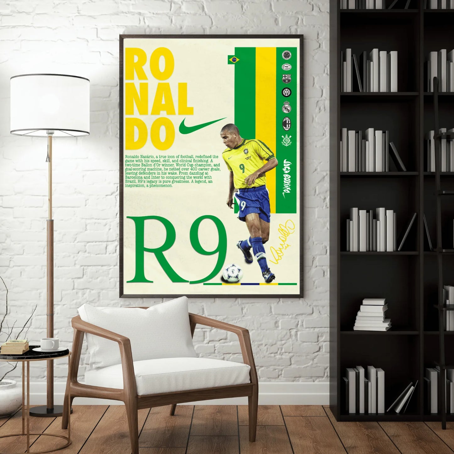 Stylized Ronaldo Nazário poster displayed with soft shadows, featuring Brazil colors and number 9