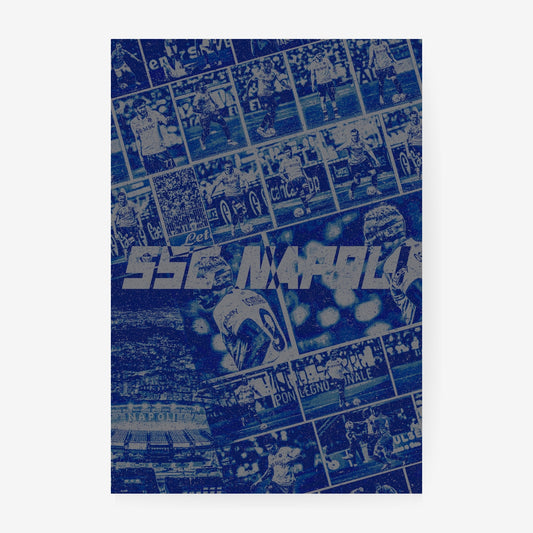 SSC Napoli football poster featuring players stadium scenes and iconic Napoli moments in blue
