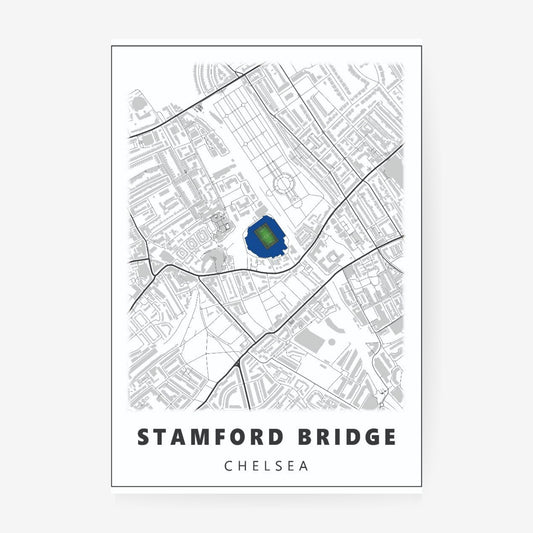 Stamford Bridge Chelsea stadium map poster featuring a minimalist London street map with the iconic stadium highlighted in blue