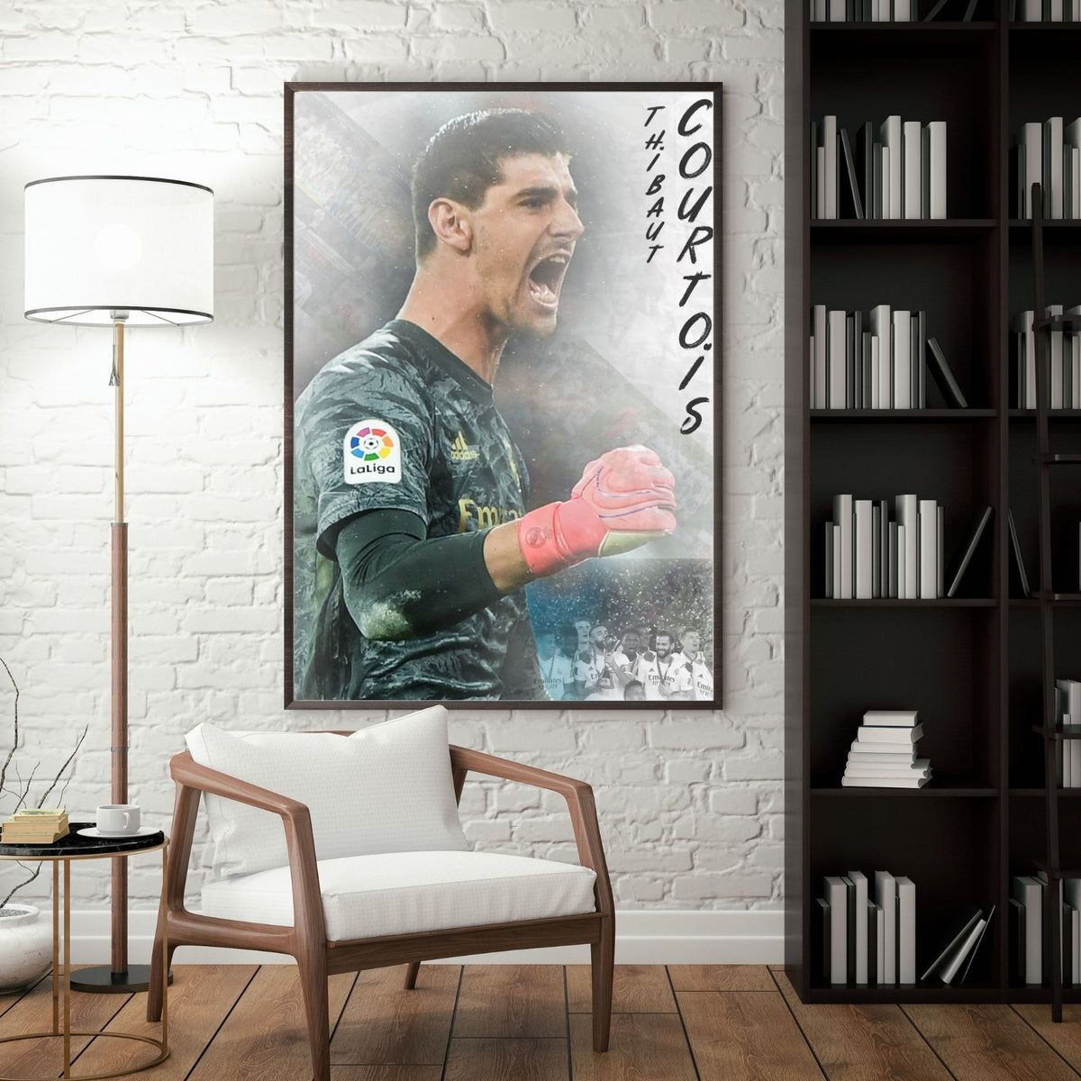 Thibaut Courtois football poster displayed in a modern interior with a dark frame