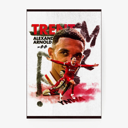 Close-up poster of Trent Alexander-Arnold layered with action shots in Liverpool colors, set against a white and red background.