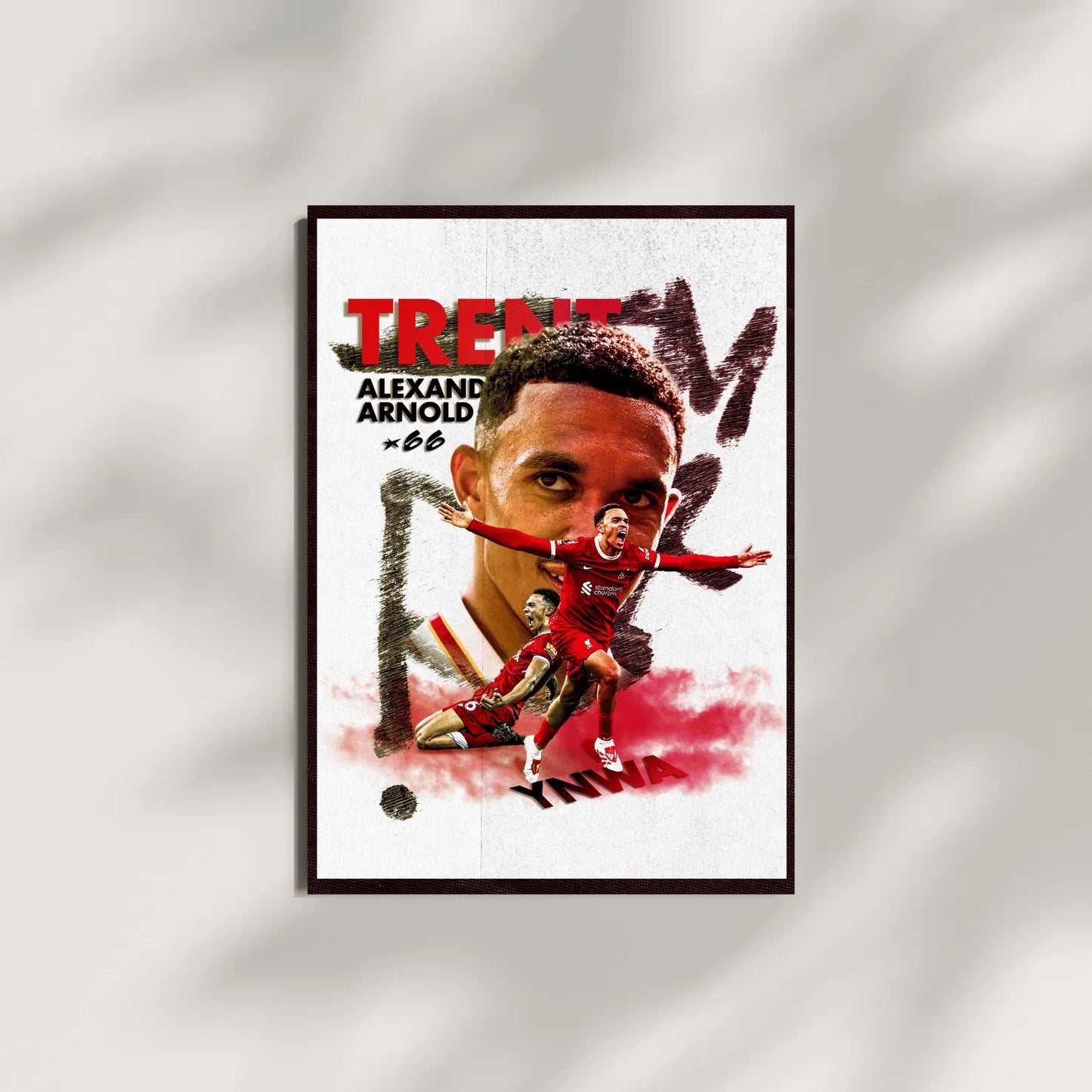 Football wall art of Trent Alexander-Arnold with shadows and textured background, highlighting his on-field energy.