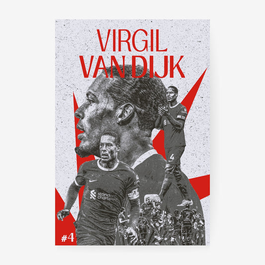 Virgil van Dijk football poster featuring a red black and white Liverpool player collage