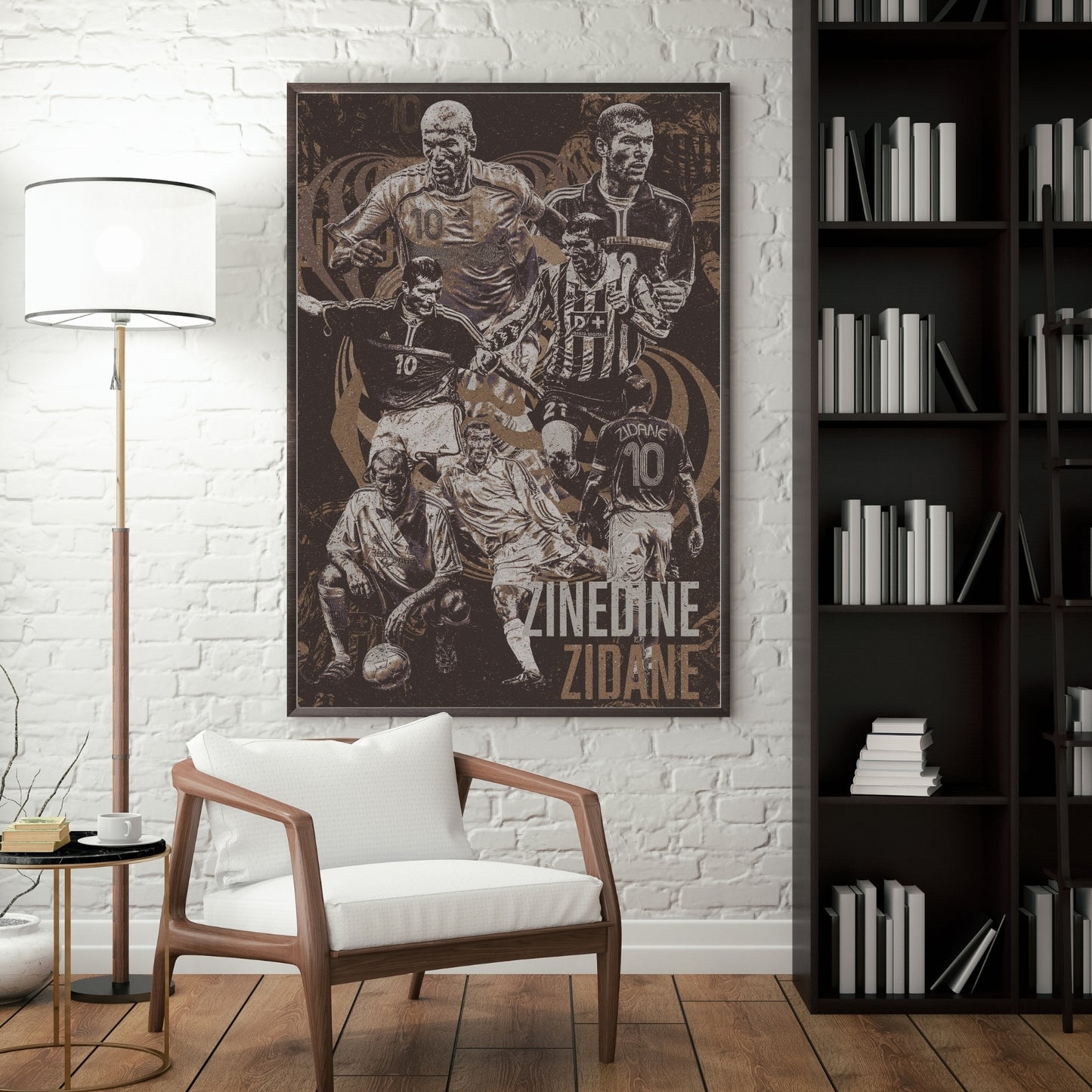 Zinedine Zidane football poster displayed in a modern interior featuring iconic moments from his legendary football career