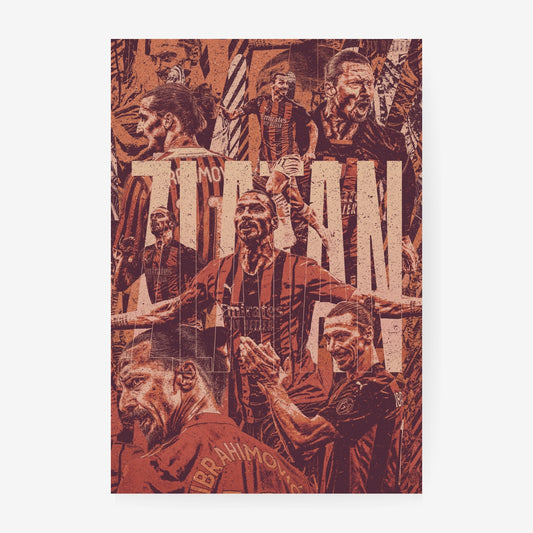 Zlatan Ibrahimović football poster featuring iconic AC Milan moments in a distressed red and black collage design