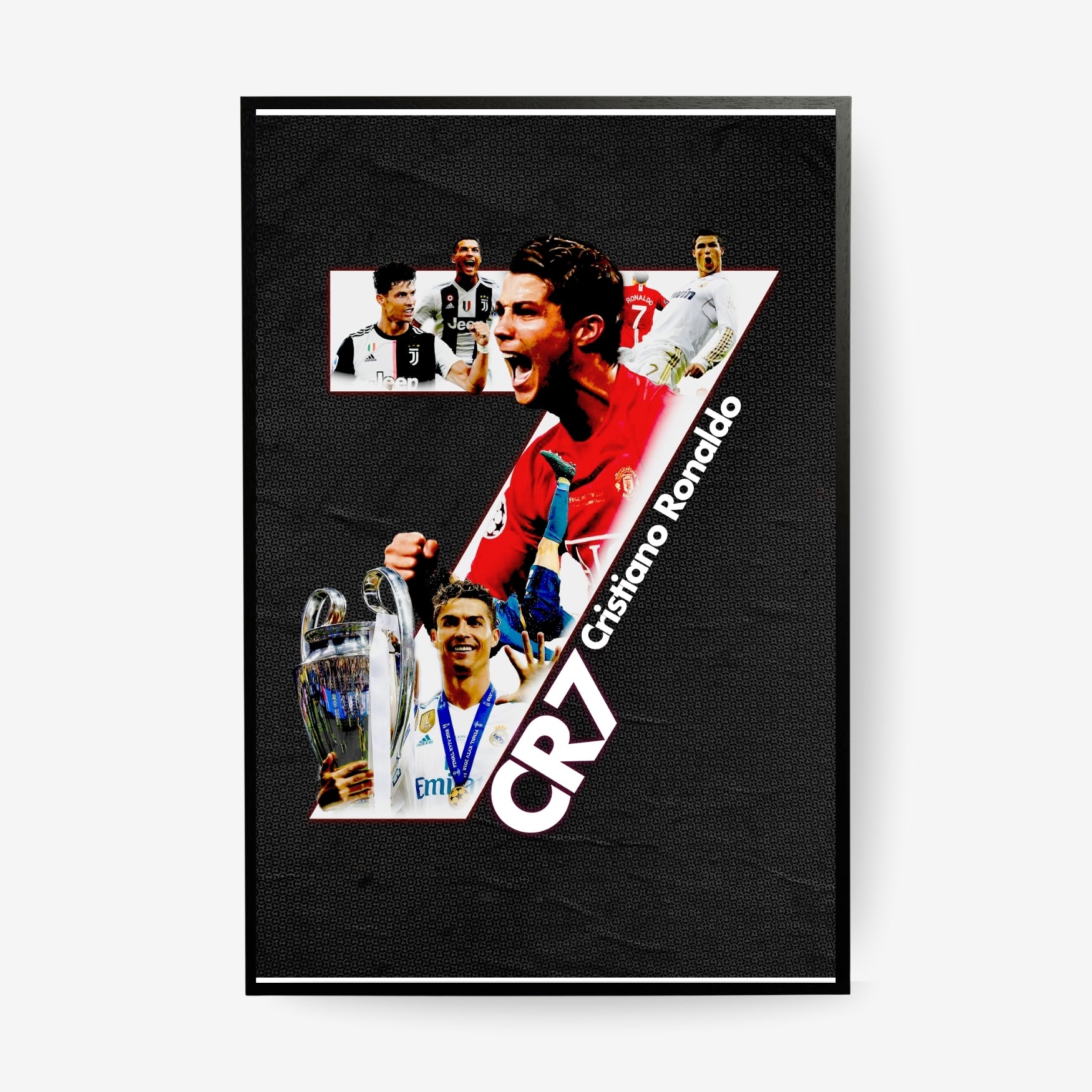 Cristiano Ronaldo poster featuring iconic Manchester United, Real Madrid and Juventus career moments in a black frame