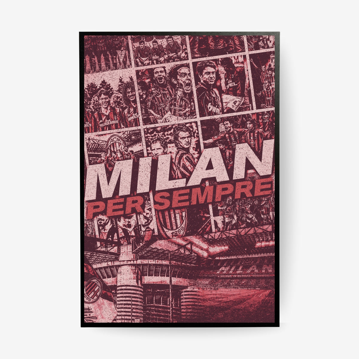 AC Milan football poster in a black frame featuring legendary players, historic moments and San Siro
