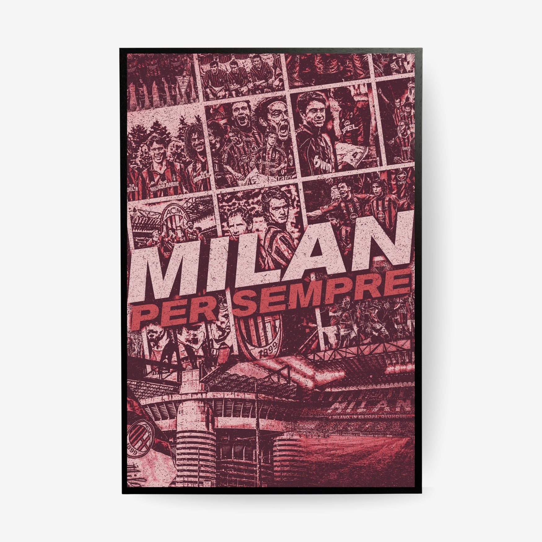 AC Milan football poster in a black frame featuring legendary players, historic moments and San Siro