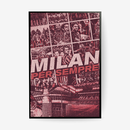 AC Milan football poster in a black frame featuring legendary players, historic moments and San Siro