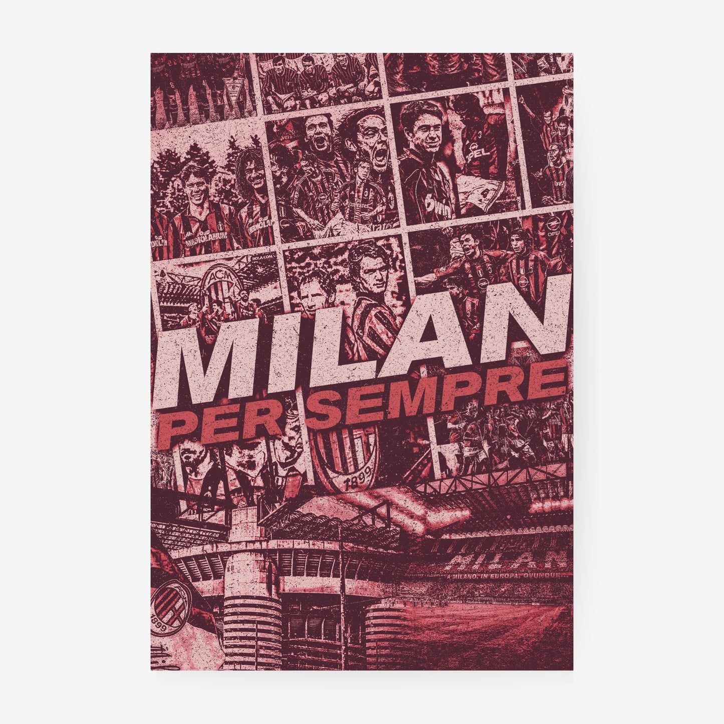 AC Milan football poster collage featuring iconic players, club history and San Siro stadium