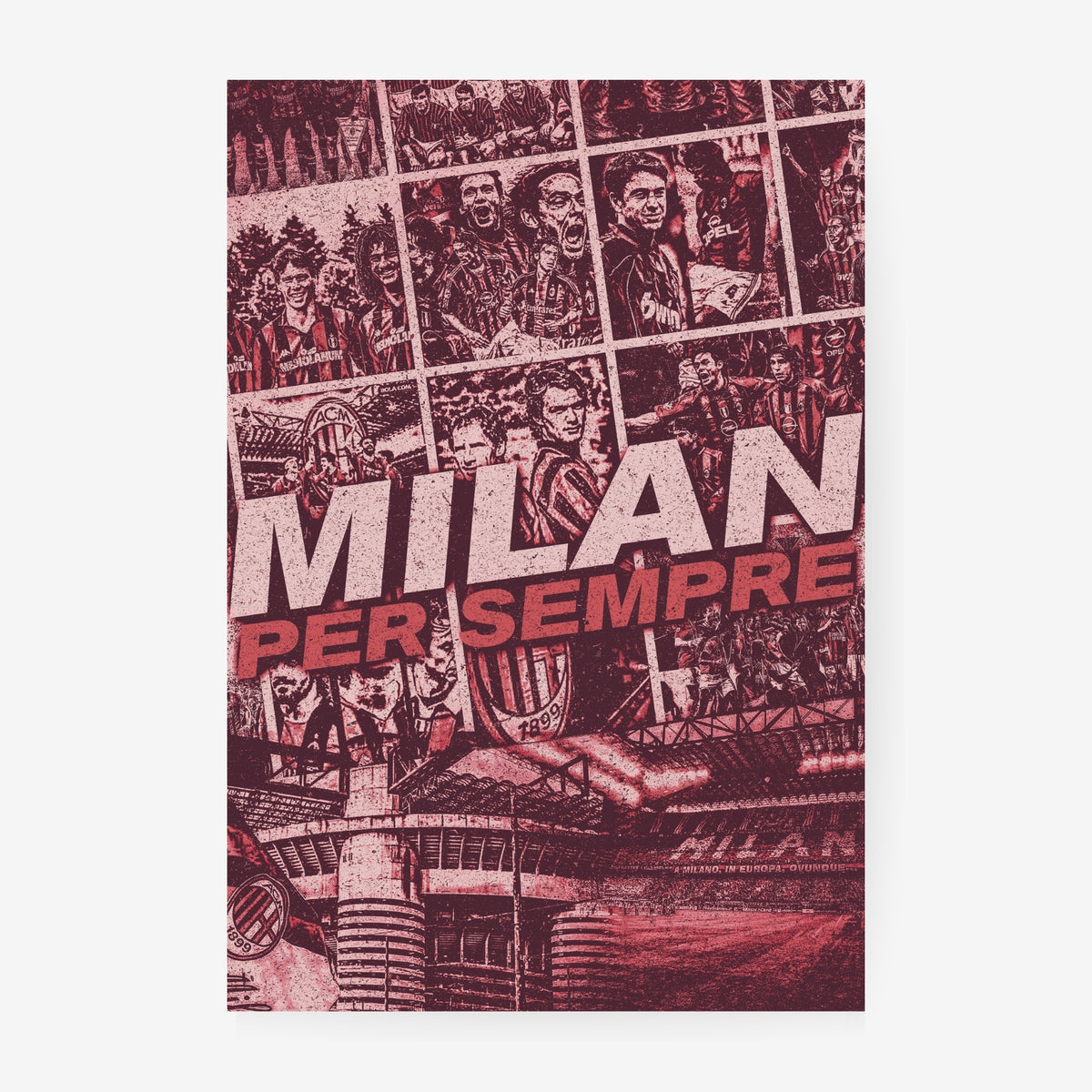 AC Milan football poster collage featuring iconic players, club history and San Siro stadium