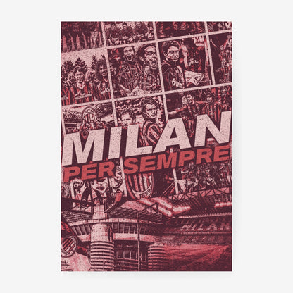 AC Milan football poster collage featuring iconic players, club history and San Siro stadium