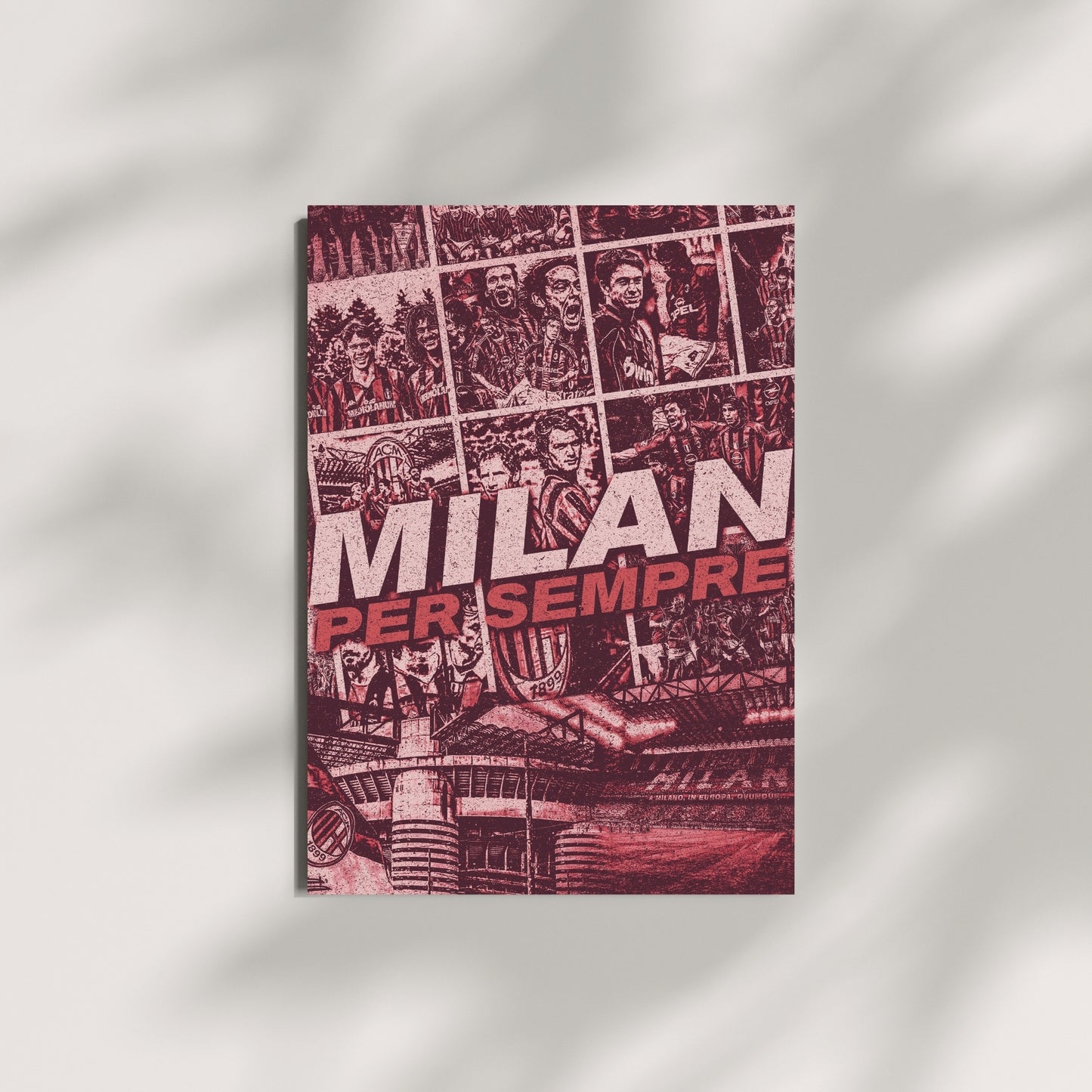 AC Milan football wall art featuring a red and black vintage collage of legendary players and San Siro