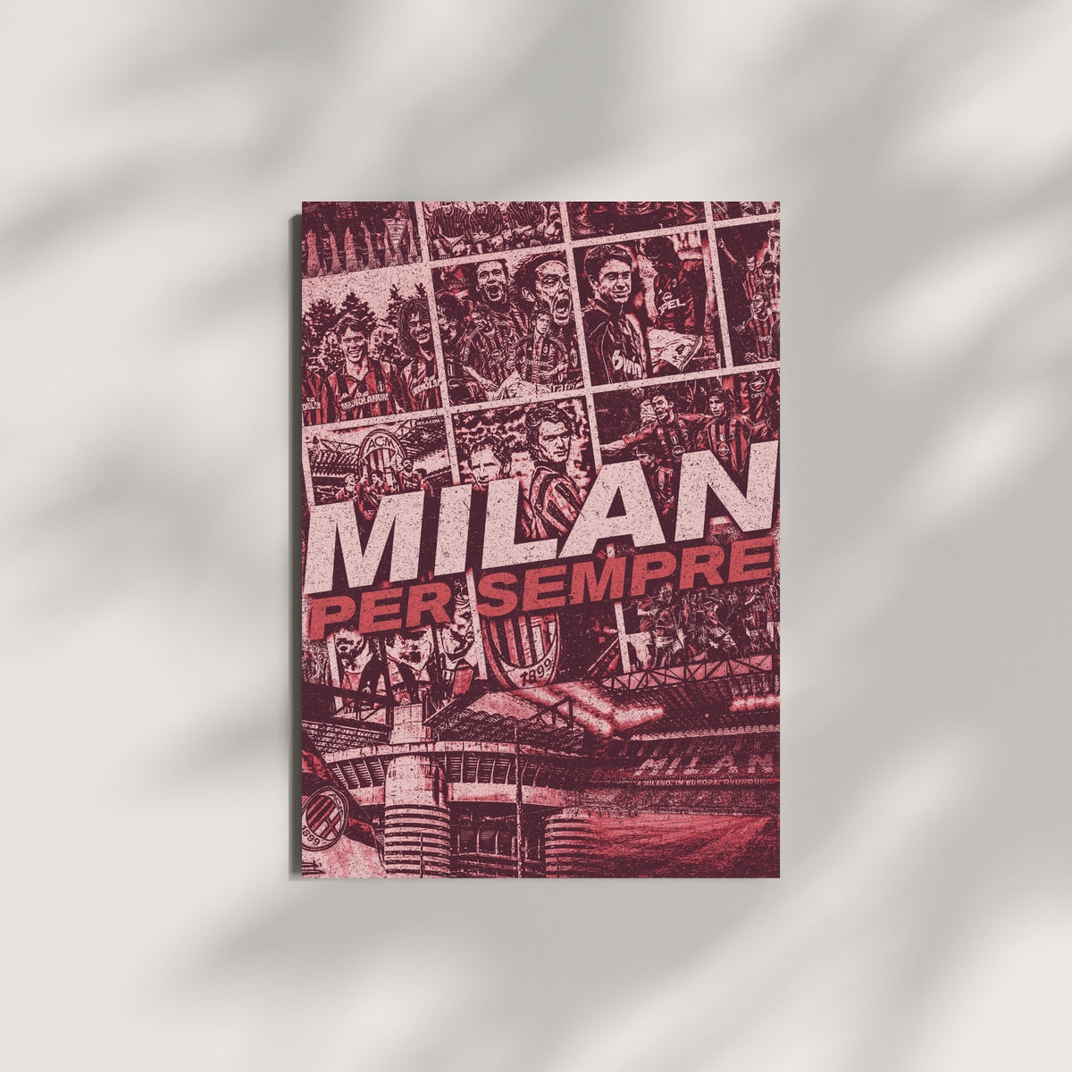 AC Milan football wall art featuring a red and black vintage collage of legendary players and San Siro
