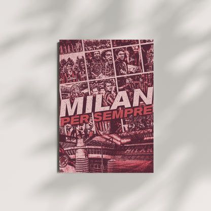 AC Milan football wall art featuring a red and black vintage collage of legendary players and San Siro
