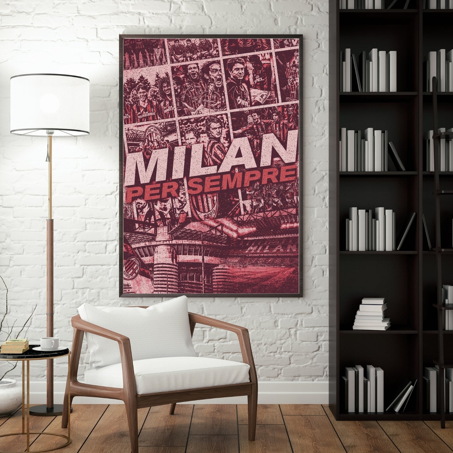 AC Milan football poster displayed in a modern interior with a dark frame