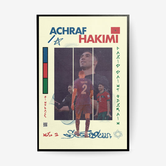 Achraf Hakimi football poster in a black frame featuring Morocco and Paris inspired artwork
