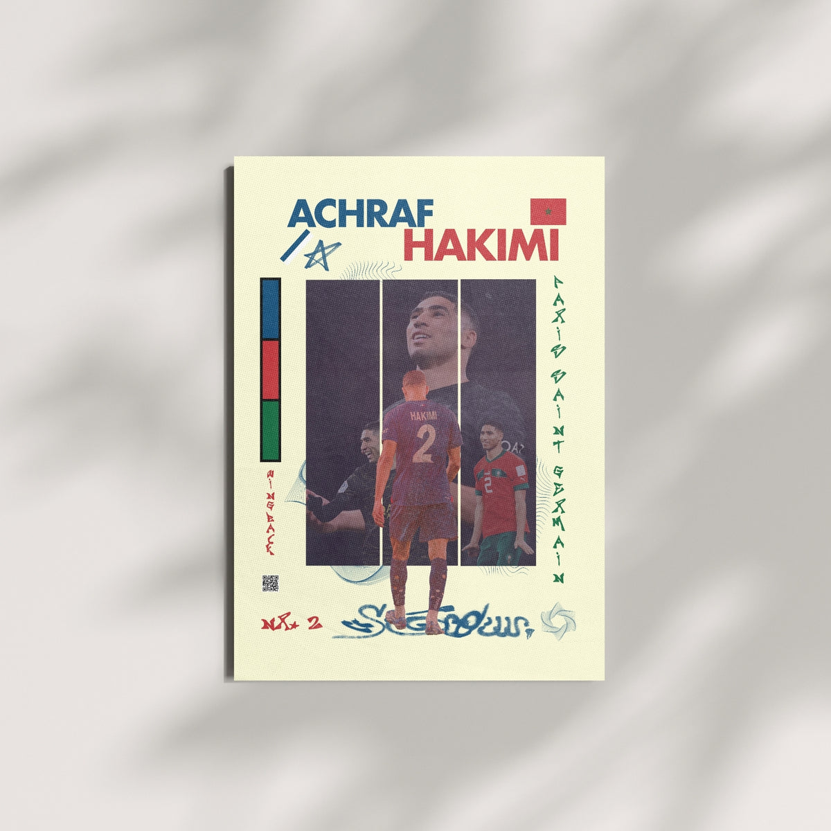 Achraf Hakimi football wall art with Morocco colors and Paris inspired design