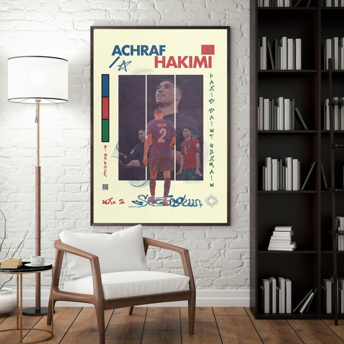 Achraf Hakimi football poster displayed in a modern interior with a dark frame