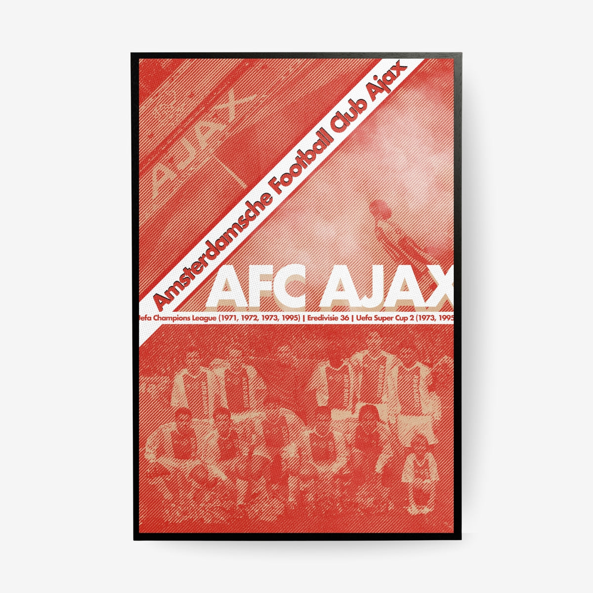 AFC Ajax football poster in a black frame featuring Amsterdam club history inspired artwork